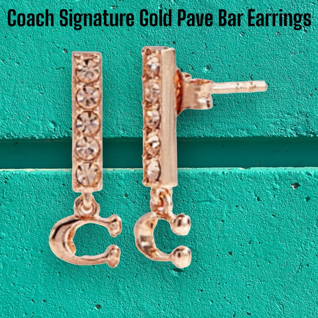 Coach Signature Rose Gold Pave Bar Stud Earrings New